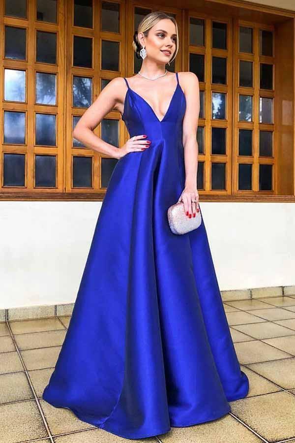 Robe de bal Weitese en satin bleu roi, coupe trapèze, bretelles spaghetti, longueur au sol